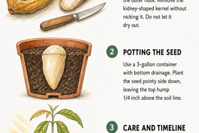 Three-step illustration showing how to extract a mango kernel, pot the seed, and care for the growing seedling.