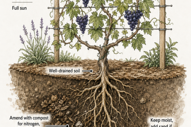 Cross-section illustration of a grape vine planted in well-drained soil with a wooden trellis, showing ideal sun exposure and soil amendments.