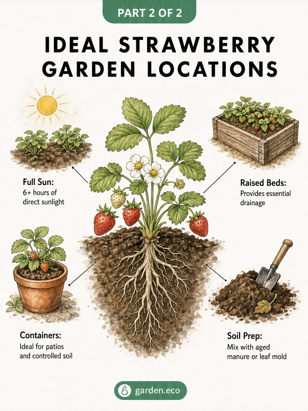 Illustration of a healthy strawberry plant showing roots in dark soil, with vignettes demonstrating full sun, raised beds, containers, and soil preparation.