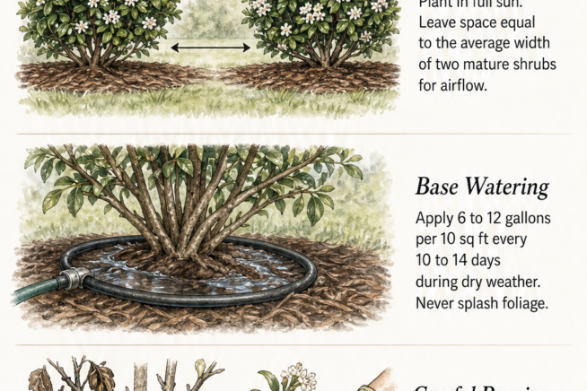 Garden illustration demonstrating proper spacing, base watering, and careful pruning techniques for Indian hawthorn shrubs.