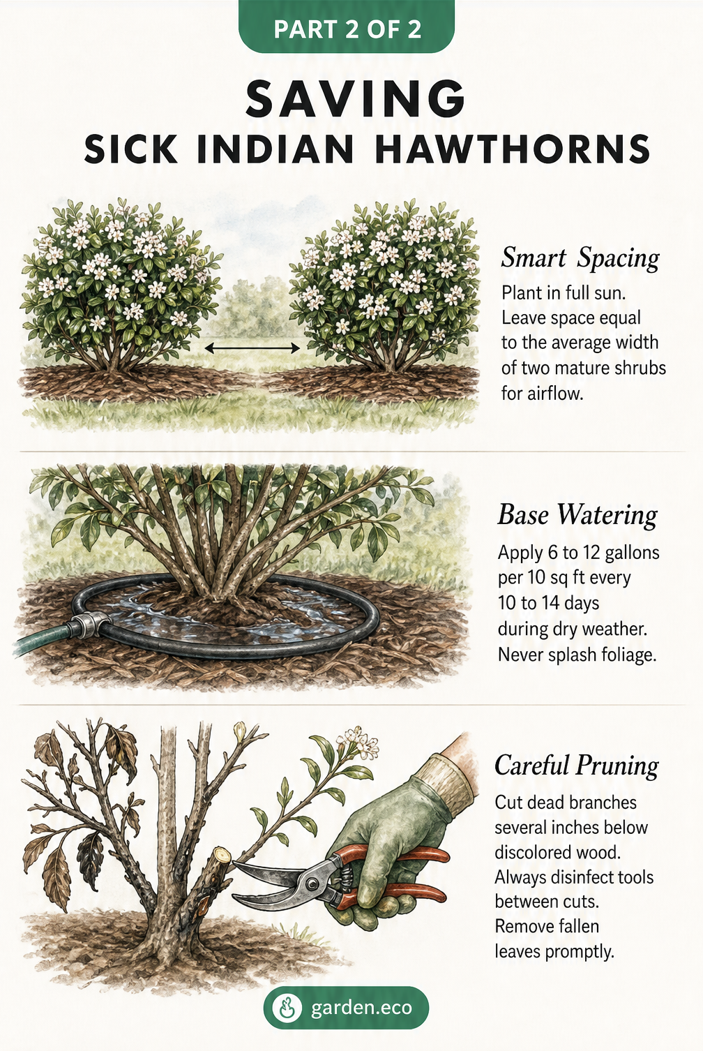 Garden illustration demonstrating proper spacing, base watering, and careful pruning techniques for Indian hawthorn shrubs.