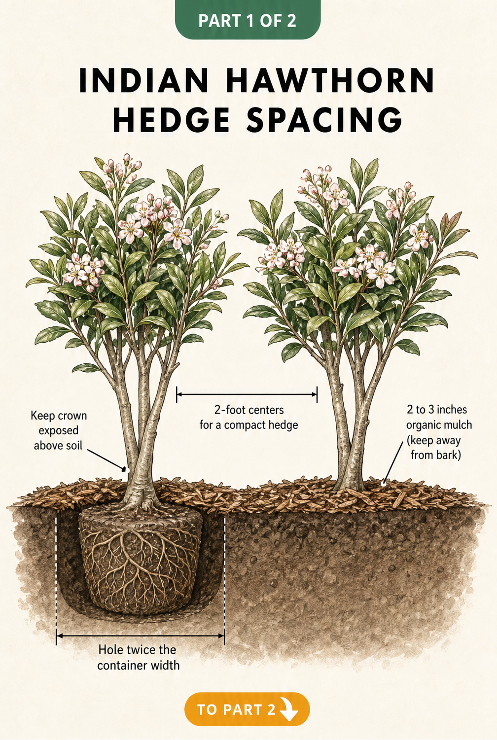 Botanical cross-section illustration showing proper spacing and planting depth for an Indian hawthorn hedge