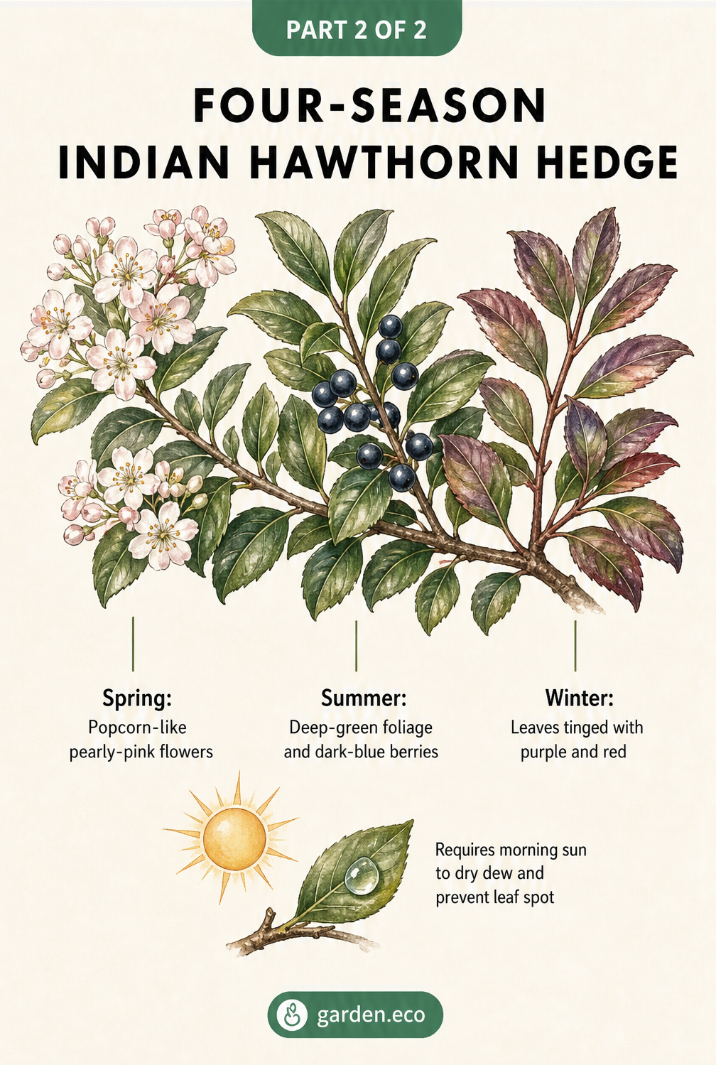 Botanical illustration showing the spring, summer, and winter seasonal changes of an Indian hawthorn branch