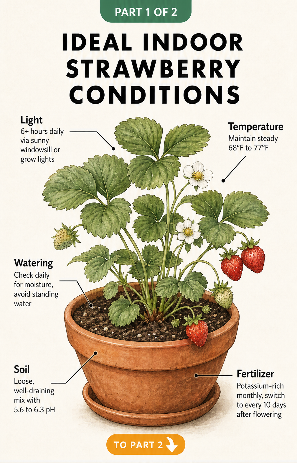 Illustration showing ideal indoor strawberry conditions including light, temperature, watering, soil, and fertilizer requirements
