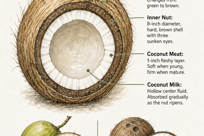 Detailed cross-section illustration of a ripe coconut showing the outer husk, inner nut, coconut meat, and coconut milk.