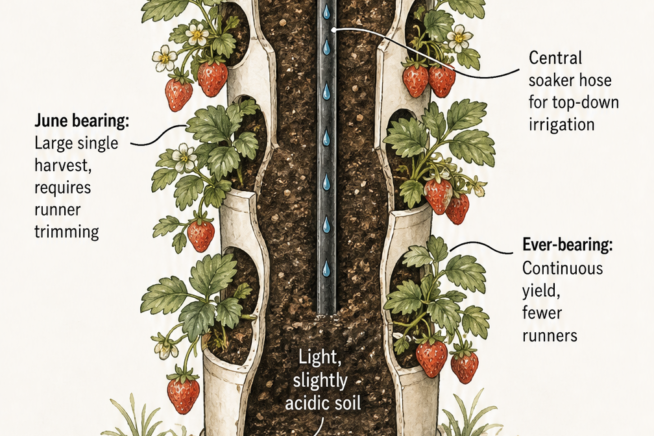 Cross-section of a strawberry tower showing central soaker hose irrigation, soil requirements, and plant placement