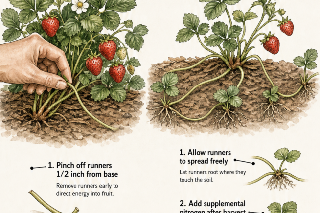 Illustration comparing two strawberry runner management goals: pinching runners for maximum fruit versus allowing them to spread for a matted row system.