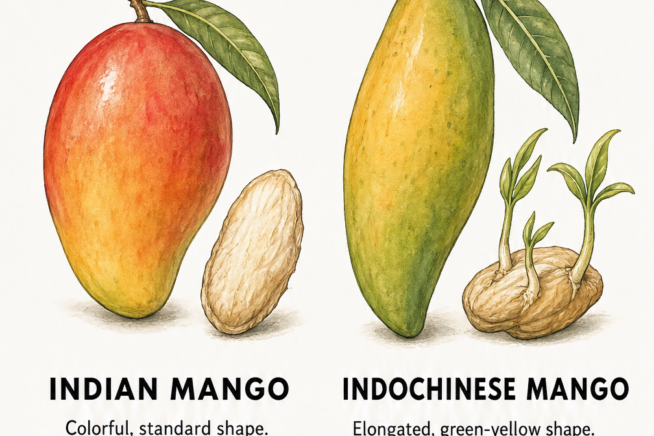 Illustration comparing Indian and Indochinese mango seeds, showing monoembryonic and polyembryonic traits.