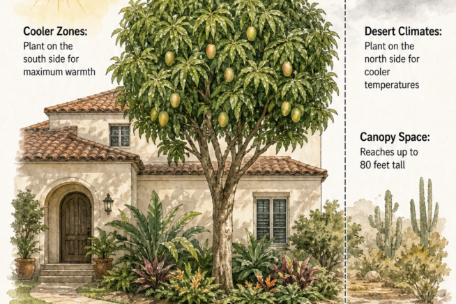 Landscape diagram showing a mature mango tree next to a house, highlighting canopy space, ground cover for leaf litter, and planting zones.