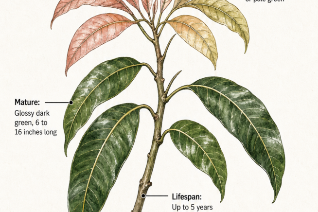 Botanical illustration showing the life cycle of mango tree leaves from immature pink to mature glossy dark green and shedding brown leaves.