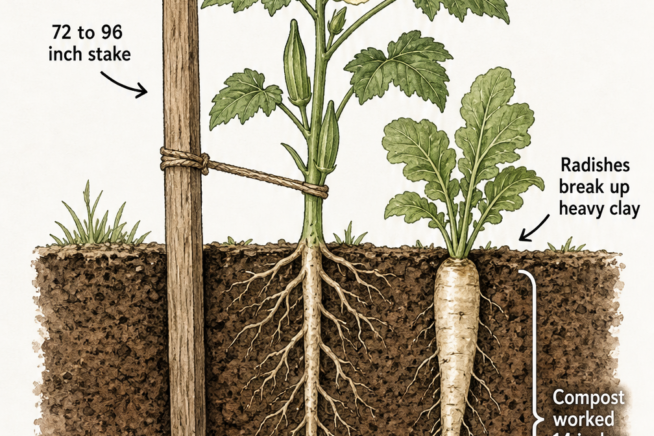 Botanical illustration of a young okra plant with a deep taproot, supported by a tall stake and companion planted with radishes