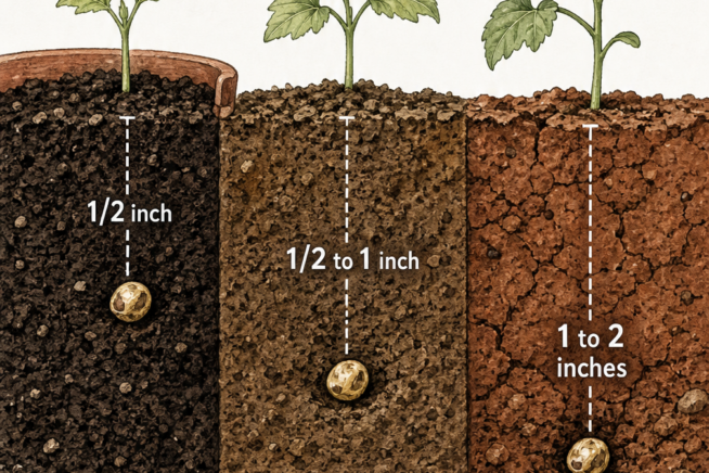 Botanical illustration showing okra seed planting depths for containers, loamy soil, and heavy clay
