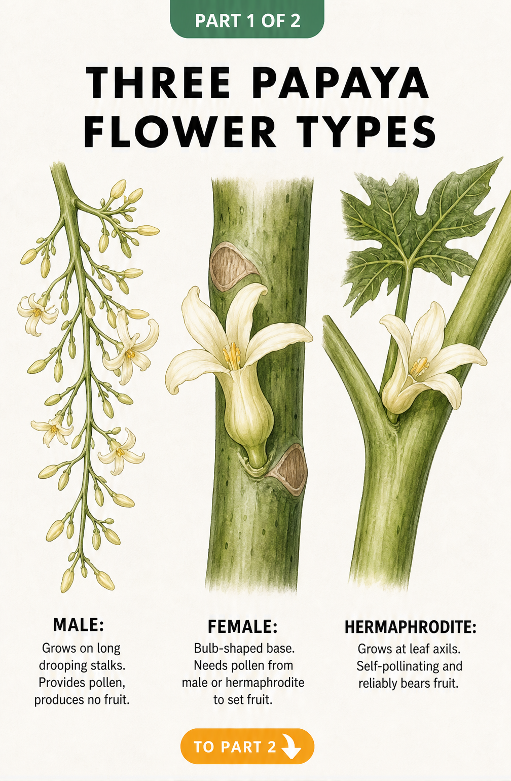 Botanical illustration showing male, female, and hermaphrodite papaya flowers with their distinct shapes and growing positions.