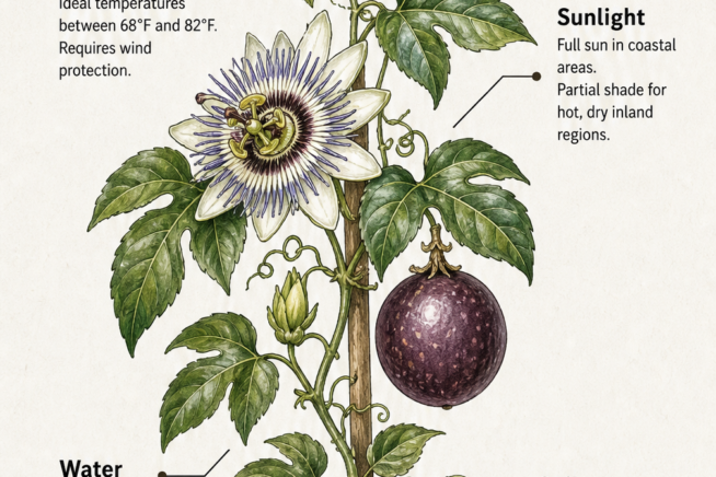 Botanical illustration of a passion fruit vine showing ideal growing conditions including climate, sunlight, water, and soil requirements.