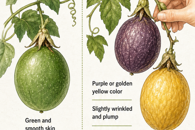 Illustration showing the difference between unripe green passion fruit and ripe purple or yellow passion fruit with slightly wrinkled skin.