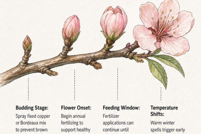 Detailed botanical drawing of a peach branch showing the progression from bud to open blossom with corresponding care steps.