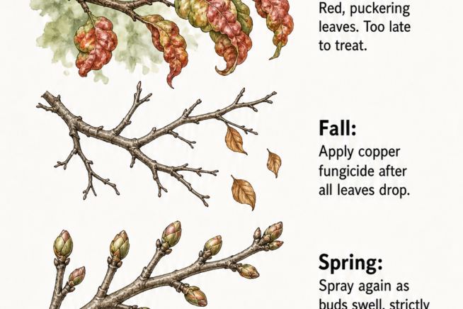 Three peach branches showing the seasonal stages of peach leaf curl treatment: summer with red puckered leaves, fall with dropping leaves, and spring with...