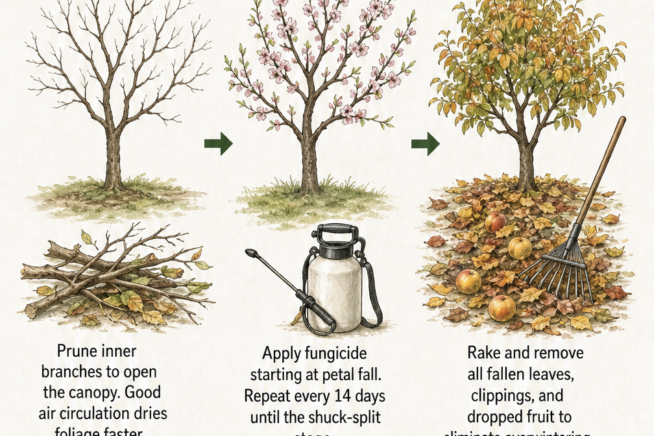 Seasonal guide to managing peach scab through pruning, spraying, and cleanup