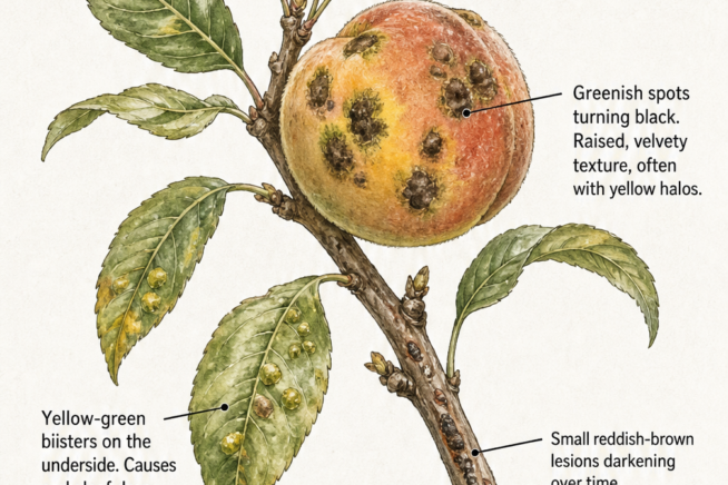 Botanical illustration showing signs of peach scab on fruit, leaves, and twigs