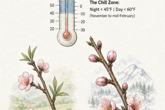 Botanical illustration showing peach branches and chill hour requirements for low-chill and high-chill peach varieties.