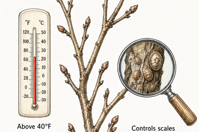 Illustration of a dormant peach branch, a thermometer showing above 40 degrees Fahrenheit, and a magnifying glass showing scale insects on the bark.