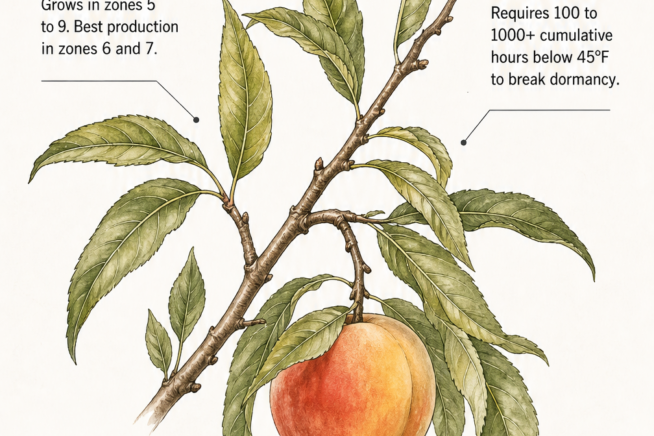 Botanical illustration of a peach branch showing USDA zones, winter chill hours, sun, temperature, and soil needs for growing peach trees.