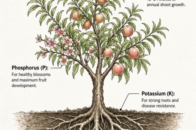 Illustration of a peach tree showing how nitrogen, phosphorus, and potassium support leaves, fruit, and roots.