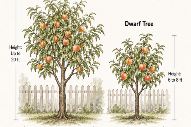 Scale illustration comparing the height and width of a full-sized peach tree to a dwarf peach tree, with row spacing recommendations.