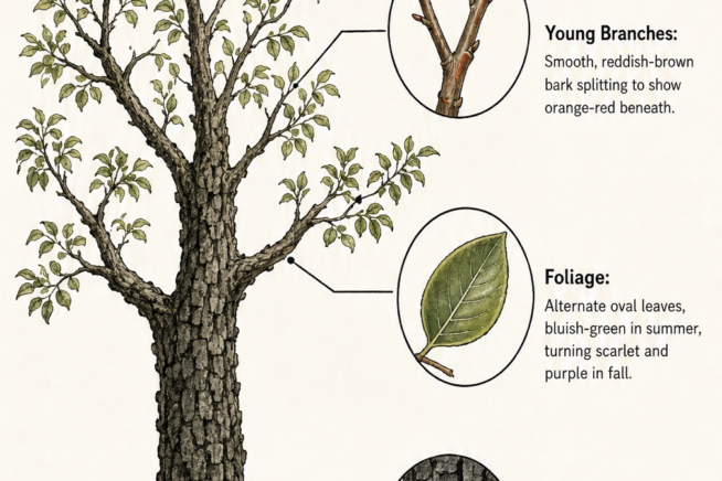 Botanical illustration of a persimmon tree showing its dark scaly bark, young reddish-brown branches, and oval leaves.