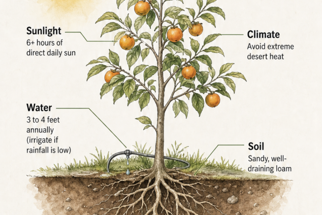 Diagram of a young persimmon tree showing sunlight, climate, water, and soil requirements