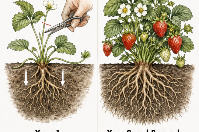 Illustration showing a first-year strawberry plant having its blossoms pinched off to encourage deep root growth, compared to a mature second-year plant with...