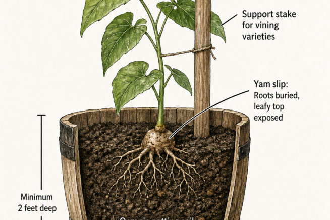 Cross-section illustration of a half whiskey barrel showing how to plant a yam slip in organic potting soil with a support stake and drainage holes.