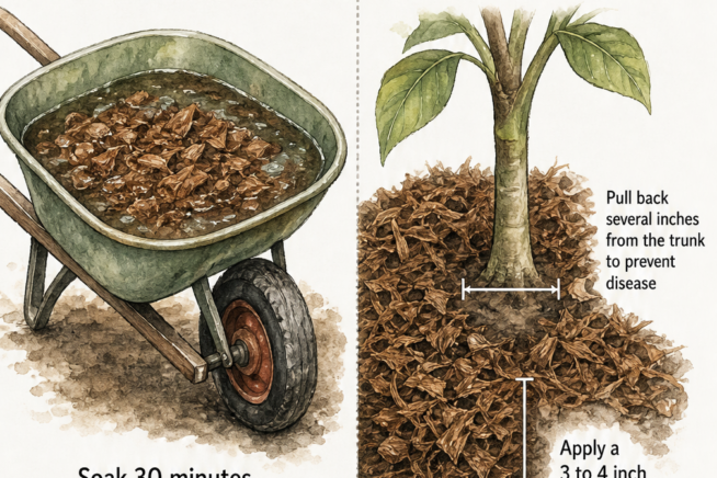 Illustration showing how to prepare coconut mulch by soaking it in a wheelbarrow, and how to apply a 3 to 4 inch layer around a plant trunk.