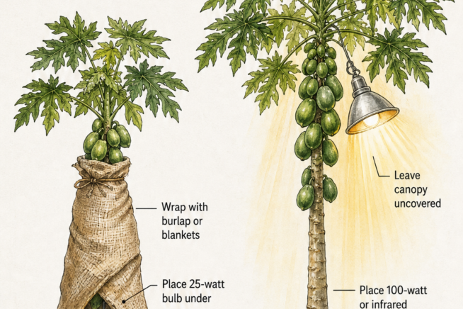Illustration showing how to protect papaya trees from frost, featuring a small tree wrapped in burlap and a large tree warmed by a bulb