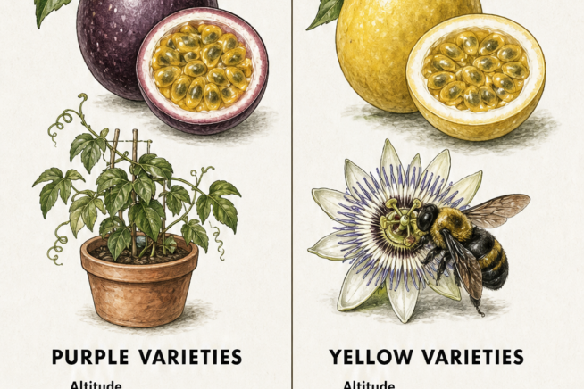 Botanical illustration comparing purple and yellow passion fruit varieties, detailing altitude, growth habits, and top cultivars.
