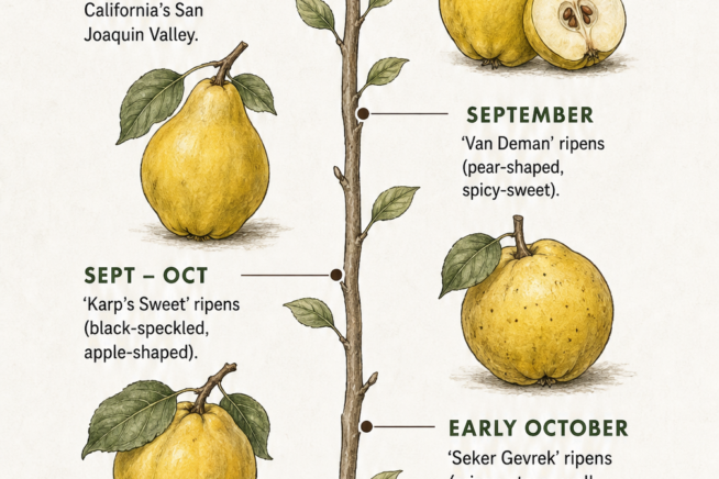Vertical timeline showing the quince harvest season from August to November with different cultivars