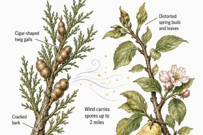 Botanical illustration showing the quince rust host cycle between Eastern Red Cedar and Quince Tree
