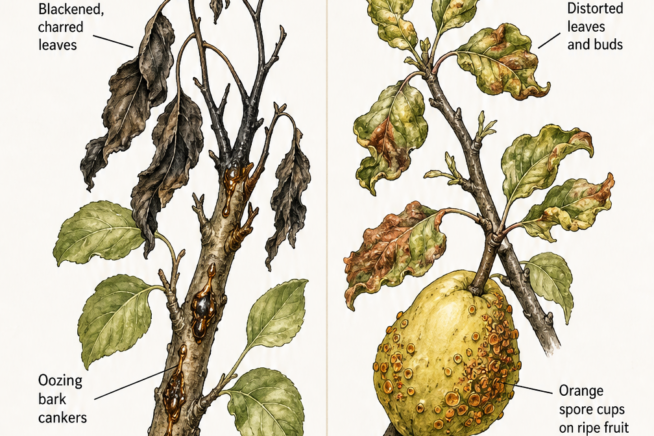 Botanical illustration showing fire blight and cedar-quince rust on quince tree branches with symptoms and organic treatments.