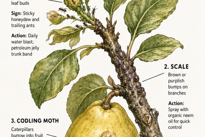 Botanical illustration of a quince tree branch showing aphids on buds, scale on bark, and a codling moth caterpillar in the fruit.