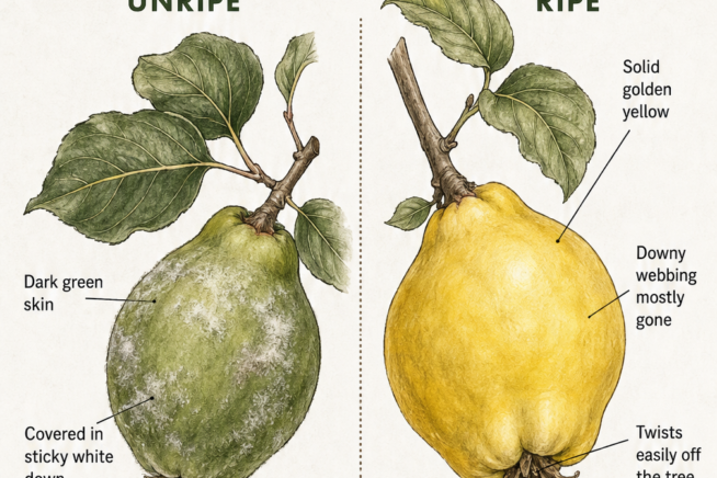 Botanical illustration comparing an unripe dark green quince with a ripe golden yellow quince on a branch