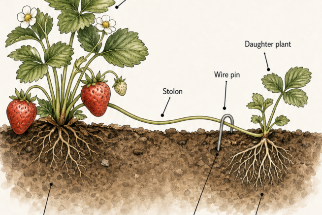 Botanical illustration showing how to root a strawberry runner by pinning the stolon to the soil next to the mother plant.