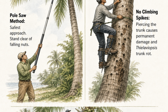 Illustration comparing safe and unsafe coconut harvesting methods, highlighting the pole saw technique