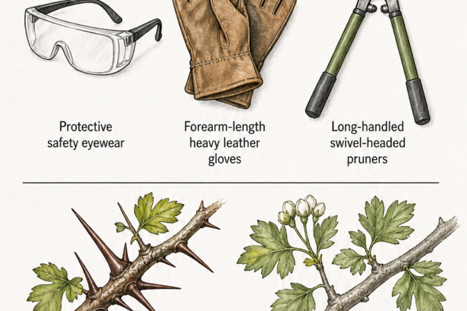 Illustration of safe hawthorn hedge pruning gear including safety eyewear, heavy leather gloves, and long-handled pruners, comparing standard thorny branches...