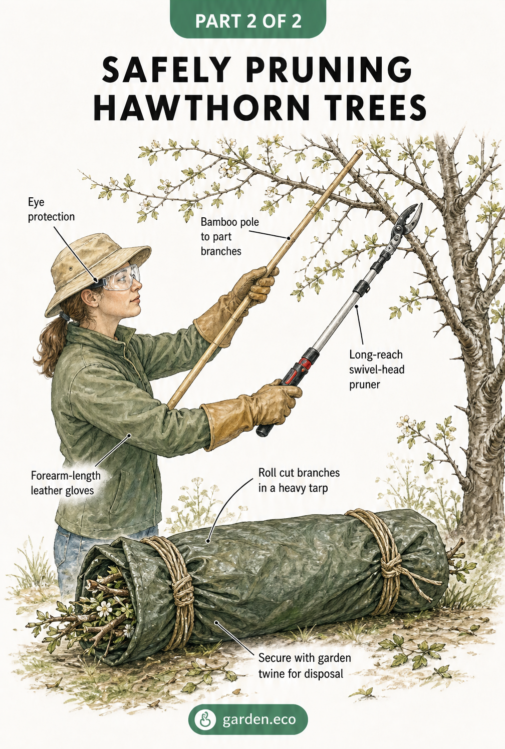 Illustration showing a gardener safely pruning a hawthorn tree using a bamboo pole, long-reach pruner, and protective gear.