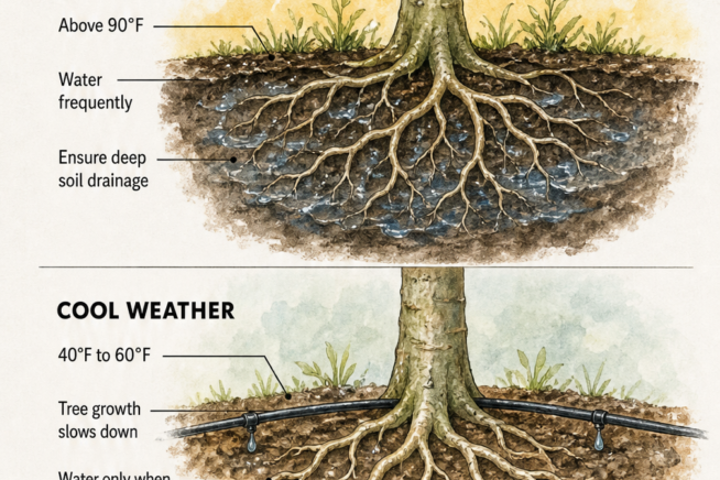 Cross-section illustration of a papaya tree root system showing different watering needs in hot and cool weather
