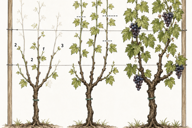 Illustration showing the three-year process of shaping a young grape vine on a wooden trellis, from selecting the main trunk to bearing fruit.