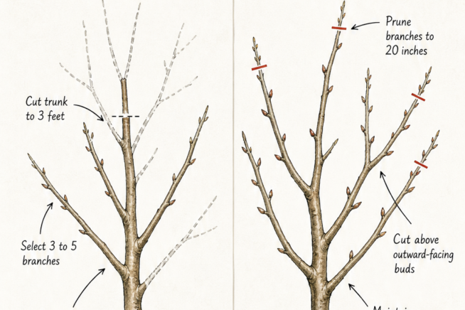 Illustration of a young quince tree's structure in its first and second late winter, showing where to prune branches to maintain an open vase shape.