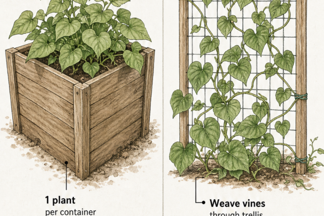 Illustration comparing two small-space sweet potato growing methods: a bush variety in a large wooden container and a vining type trained up a trellis.