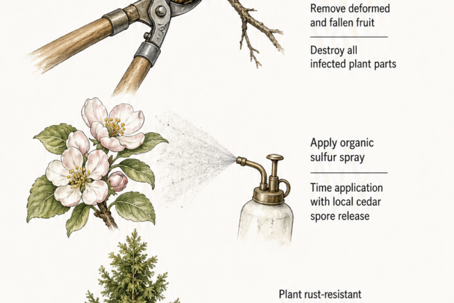 Illustration showing how to stop quince rust spread by pruning, spraying, and planting resistant alternatives