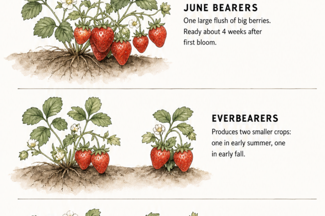 Illustration of three strawberry plant types showing harvest timelines for June bearers, everbearers, and day-neutral varieties.